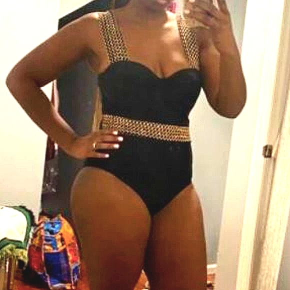 Sz L LUXURY One-Piece Black Bathing Suit Pushup Gold Detail Elegant - Picture 5 of 16